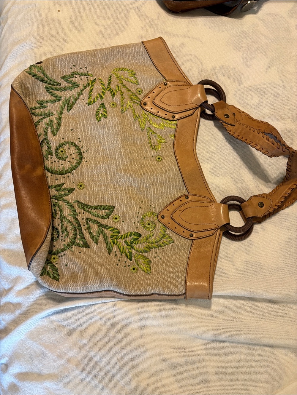Cole HaanTan Embroidered Linen Tote Bag with Green Leaf Detail